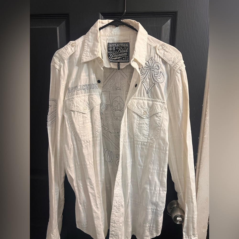 Affliction White Casual Button Down Shirt Crisp Cotton